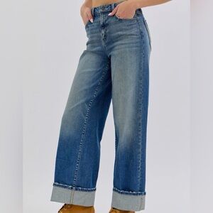 Cello High-Rise Wide Leg Blue Jeans with Cuffed Hem